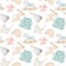 Seamless pattern with wooden toys and objects for girls wooden pyramids, rocking horse, dress and toy pram