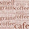 Seamless pattern with the words coffee, cafe, love, coffee house, grains, cup for packaging