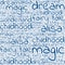 Seamless pattern from the words magic, sorcery, fairy tale, fairyland in blue color