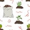 Seamless pattern with worms, compost pile and sack. Carrot and beet sprout in soil. Garden composting concept. Worms for