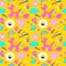 Seamless pattern with y2k style elements. Acidic vivid neon colors. Bright youth pattern with 90 s characters