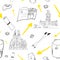 Seamless pattern with yellow arrow and pilgrim needed things. Backpack, pilgrim passport, travel mat, trekking sticks