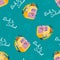 Seamless pattern with yellow backpacks, school supplies and back to school lettering on blue background.