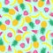 Seamless pattern with yellow bananas, pineapples and juicy strawberries on mint green background.