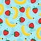 Seamless pattern with yellow bananas and red strawberries. Cute vector background. Fruits illustration on blue