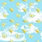 Seamless pattern from yellow and blue butterflies flutter on blue clouds