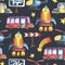 Seamless pattern of yellow-blue car, red bus, rocket, stars