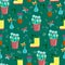 Seamless pattern with yellow boots and different flowers in pots, cute baby print, floral spring pattern in cartoon styl