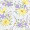 Seamless pattern with yellow chamomile flowers, blue bluebells flowers and oat. Rustic floral background.