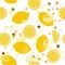 Seamless pattern: yellow citruses, seasoning and watercolor texture on a white background.