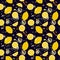 Seamless pattern: yellow citruses and watercolor spots on a dark blue background.