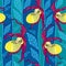 Seamless pattern with yellow Cypripedium calceolus or Lady\'s slipper orchid and ornate leaves on the blue background.