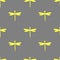 Seamless pattern with yellow dragonfly on grey background. Vector illustration.