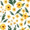 Seamless pattern with yellow flowers and leaves. Peonies, carnations, roses, daisies, chrysanthemums, apple blossoms, lilies