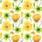 Seamless pattern yellow, funny, abstract flowers in watercolor.
