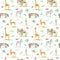 Seamless pattern of a yellow giraffe, zebra, elephant,gazelle,ostrich,hippopotamus,meerkat,watermelon and foliage.