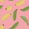 Seamless pattern of yellow and green bananas randomly distributed on light background.