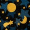 Seamless pattern with yellow moon, stars and comet with faces on black sky background in cartoon style.