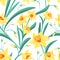 Seamless pattern of yellow narcissus with green leaves.
