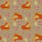 Seamless pattern with yellow orange bird. Decorative cute sparrow on a beige background with flowers. Watercolor