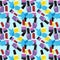 Seamless pattern of yellow pantone,middle blue purple,cyan process,super pink, color nail paint bottle or nail polish bottle with