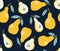 Seamless pattern of yellow pear with sky blue leaves on a blue background. Hand-drawn pears pattern.