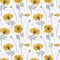 Seamless pattern with yellow poppy flowers and leaves. Flat botanical ornament with minimalist elements in soft palate
