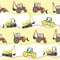 A seamless pattern with yellow and red tractors for printing for boys or children, a vector stock illustration with a random