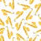 Seamless pattern with yellow saxophones on a white background. Wind musical instrument. Watercolor illustration. For the design of