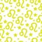 Seamless pattern of yellow silhouettes of the zodiac sign Leo and stars of different sizes on a white background