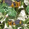 Seamless pattern with yellow snakes and bright tropical plants: ficus, palm and bananas leaves.