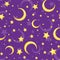 Seamless pattern with yellow stars and crescents on purple. Vector illustration.