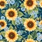 Seamless pattern with yellow sunflowers, blue daisies and colorful leaves. Autumn texture in blue and yellow colors