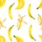 Seamless pattern of yellow watercolor bananas. Isolated bright illustration on white. Hand painted fruits