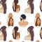 Seamless Pattern with young ladies with various Haircuts and accessories.