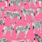 Seamless pattern with zebras on a pink background. Animals of Africa. Plains zebra Equus quagga or common zebra