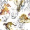 Seamless patterns with african safari animals. Elephant. Rhino. Giraffe. Lion. Cheeta