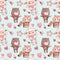 Seamless patterns with animals. Pink Watercolor set of elements for Valentine`s day. Scrapbook design elements