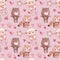 Seamless patterns with animals. Pink Watercolor set of elements for Valentine`s day. Scrapbook design elements