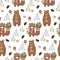 Seamless patterns with bear and beaver. Vector handmade illustration for printing on T-shirts, bedding, baby clothes and