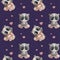 Seamless patterns with bears. Cute funny panda with different emotions on a purple background with hearts. Watercolor