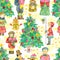 Seamless patterns with carolers singing carols, decorated conifer, funny pets, little girl with lantern on white background