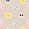 Seamless patterns. Childrens collection. Cute animal stickers - panda and horse, lion and pink unicorn on a gentle lilac