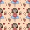 Seamless patterns. Childrens collection. Cute girl with a smile with, a balloon and Christmas caramel and dessert on a
