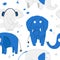 Seamless patterns. Concept for a child. Blue elephant, gray elephant with headphones on twine, stars