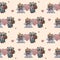 Seamless patterns. Couple of pandas in love. The groom with a bouquet of red flowers and the bride in a veil and crown on a light