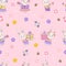 Seamless patterns with cute animals. Easter bunnies - boy and girl with gifts and Easter eggs on a pink background with