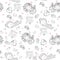 Seamless patterns. Cute baby in pajamas sleeps on pillow. Decorative drawings of babies with toys and rattles, nipples, clothes,