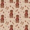 Seamless patterns. A cute bear Teddy with a scarf and a mug in his paws, with Christmas stockings, sweets, sweets and a