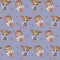 Seamless patterns. Cute children angels with wings - a boy and a girl with a toy hare on a lilac background with hearts.